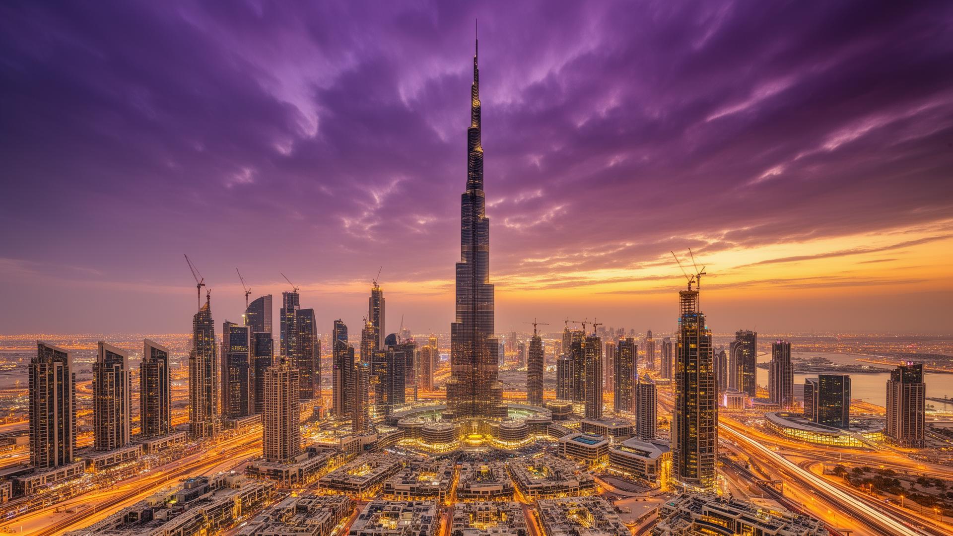 Panorama Dubaju z Burj Khalifa o zmierzchu